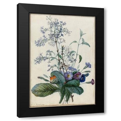 A Bouquet of Flowers with Insects Black Modern Wood Framed Art Print by Redoute, Pierre Joseph
