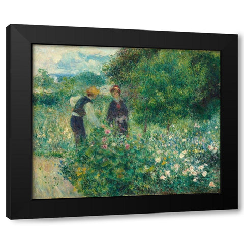 Picking Flowers Black Modern Wood Framed Art Print with Double Matting by Renoir, Pierre-Auguste