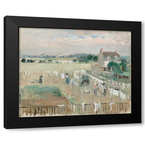 Hanging the Laundry out to Dry, 1875 Black Modern Wood Framed Art Print by Morisot, Berthe