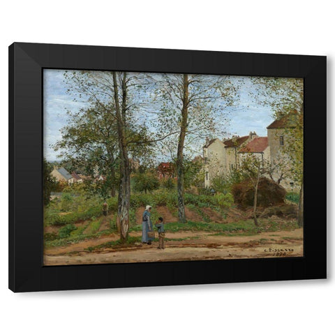 Houses at Bougival (Autumn) Black Modern Wood Framed Art Print by Pissarro, Camille