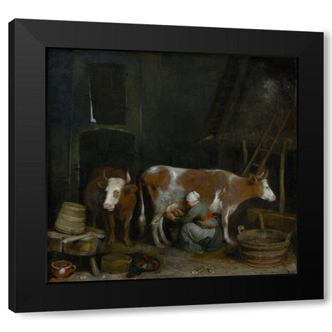 A Maid Milking a Cow in a Barn Black Modern Wood Framed Art Print with Double Matting by ter Borch, Gerard