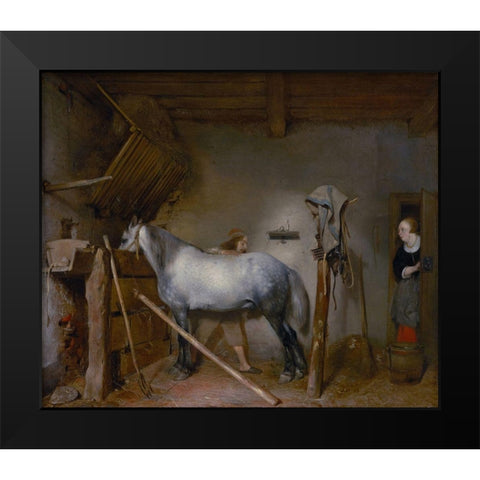 Horse Stable Black Modern Wood Framed Art Print by ter Borch, Gerard