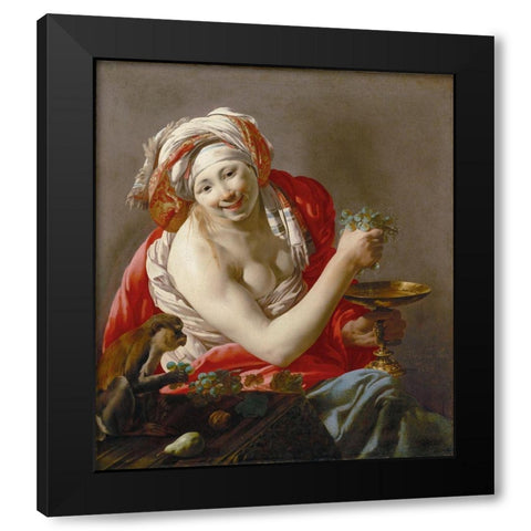 Bacchante with an Ape Black Modern Wood Framed Art Print by ter Brugghen, Hendrick