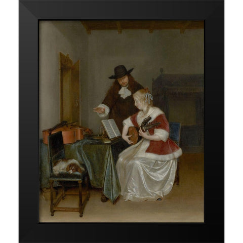 The Music Lesson Black Modern Wood Framed Art Print by ter Borch, Gerard