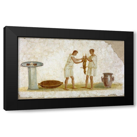 Fragment of a Fresco Panel with a Meal Preparation Black Modern Wood Framed Art Print by Unknown 2nd Century Roman Artisan