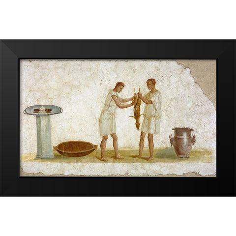 Fragment of a Fresco Panel with a Meal Preparation Black Modern Wood Framed Art Print by Unknown 2nd Century Roman Artisan