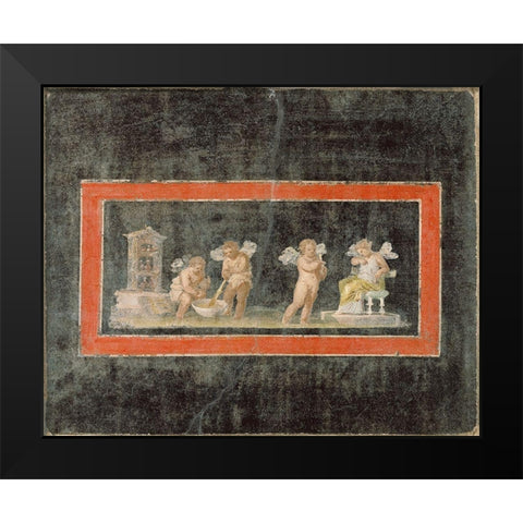 Fresco Fragment with Cupids and Psyche Making Perfume Black Modern Wood Framed Art Print by Unknown 1st Century Roman Artisan