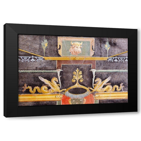 Wall Fragment with Bulls Head and Winged Sea Monsters on Black Ground Black Modern Wood Framed Art Print by Unknown 1st Century Roman Artisan
