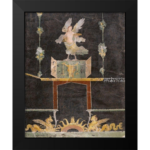 Wall fragment with Siren, Sea Monsters and Niche on Black Ground Black Modern Wood Framed Art Print by Unknown 1st Century Roman Artisan