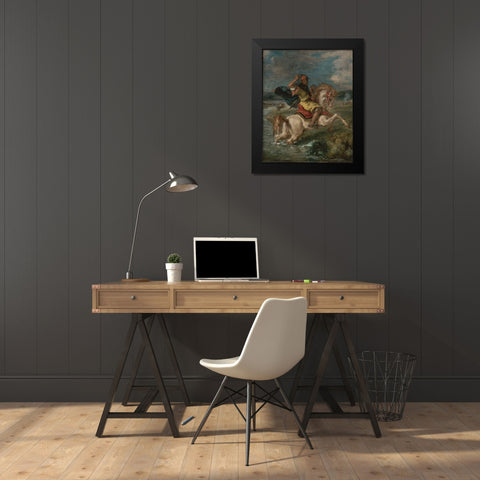 Moroccan Horseman Crossing a Ford Black Modern Wood Framed Art Print by Delacroix, Eugene