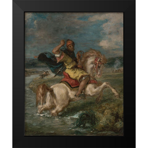Moroccan Horseman Crossing a Ford Black Modern Wood Framed Art Print by Delacroix, Eugene