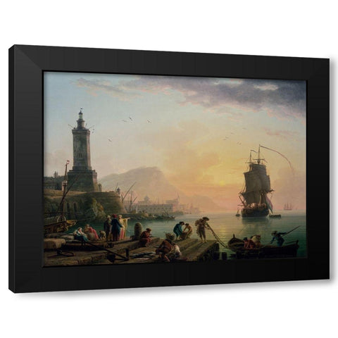 A Calm at a Mediterranean Port Black Modern Wood Framed Art Print by Vernet, Claude-Joseph
