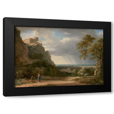 Classical Landscape with Figures and Sculpture Black Modern Wood Framed Art Print with Double Matting by de Valenciennes, Pierre-Henri