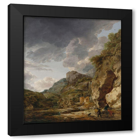 Mountain Landscape with River and Wagon Black Modern Wood Framed Art Print by Nauwincx, Herman