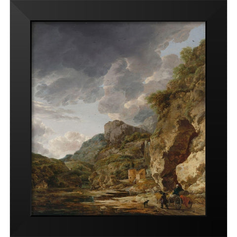 Mountain Landscape with River and Wagon Black Modern Wood Framed Art Print by Nauwincx, Herman