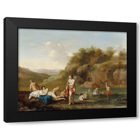 Landscape with Bathing Nudes Black Modern Wood Framed Art Print by van Poelenburgh, Cornelis