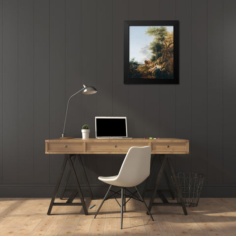 Landscape with a Nymph and a Satyr Black Modern Wood Framed Art Print by Berchem, Nicolaes