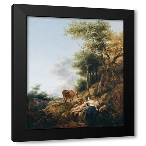 Landscape with a Nymph and a Satyr Black Modern Wood Framed Art Print with Double Matting by Berchem, Nicolaes