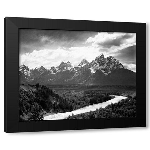 View from river valley towards snow covered mountains, river in foreground, Grand Teton National Par Black Modern Wood Framed Art Print with Double Matting by Adams, Ansel