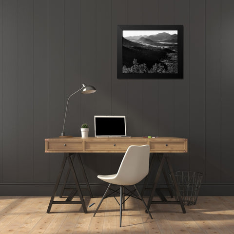 Valley surrounded by mountains,  in Rocky Mountain National Park, Colorado, ca. 1941-1942 Black Modern Wood Framed Art Print by Adams, Ansel