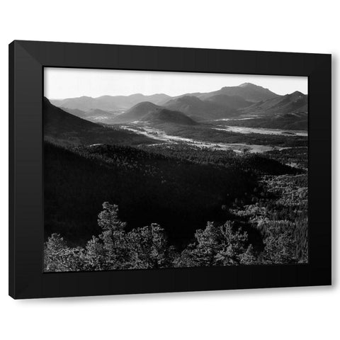 Valley surrounded by mountains,  in Rocky Mountain National Park, Colorado, ca. 1941-1942 Black Modern Wood Framed Art Print with Double Matting by Adams, Ansel