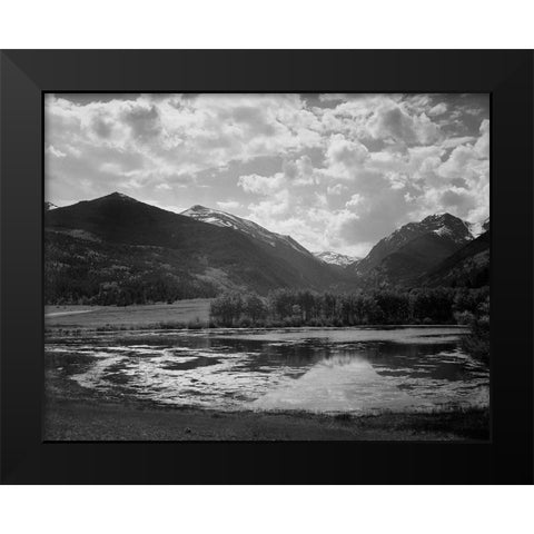 Lake and trees in foreground, mountains and clouds in background, in Rocky Mountain National Park, C Black Modern Wood Framed Art Print by Adams, Ansel