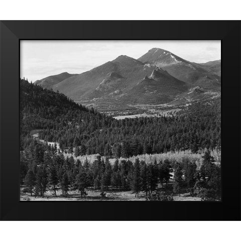 View with trees in foreground, barren mountains in background,  in Rocky Mountain National Park, Col Black Modern Wood Framed Art Print by Adams, Ansel
