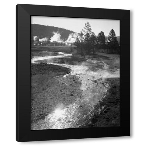 Stream winding back toward geyser, Central Geyser Basin, Yellowstone National Park, Wyoming, ca. 194 Black Modern Wood Framed Art Print with Double Matting by Adams, Ansel