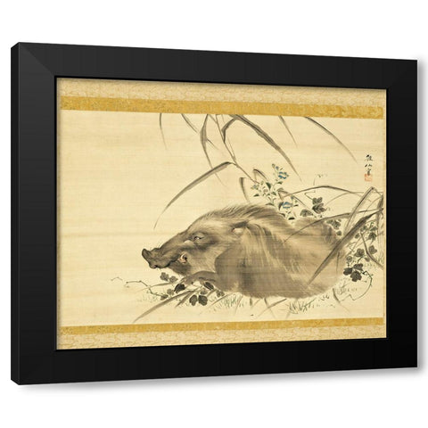 Wild Boar amidst Autumn Flowers and Grasses Black Modern Wood Framed Art Print by Sosen, Mori