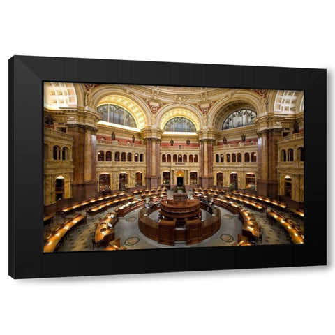 Main Reading Room. View from above showing researcher desks. Library of Congress Thomas Jefferson Bu Black Modern Wood Framed Art Print with Double Matting by Highmith, Carol