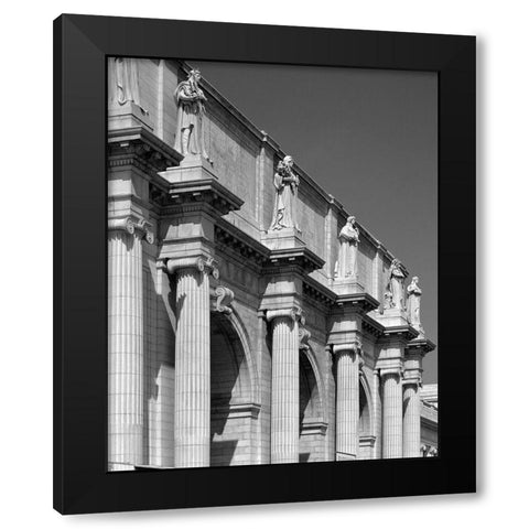 Union Station facade and sentinels, Washington, D.C. - Black and White Variant Black Modern Wood Framed Art Print with Double Matting by Highmith, Carol