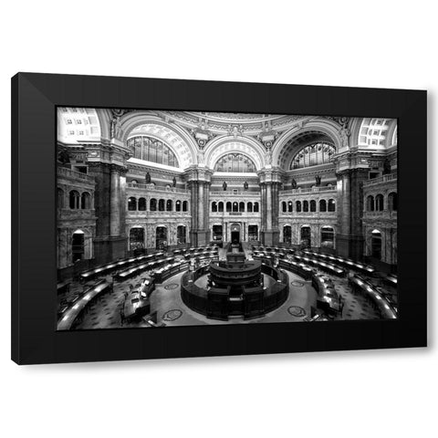 Main Reading Room. View from above showing researcher desks. Library of Congress Thomas Jefferson Bu Black Modern Wood Framed Art Print with Double Matting by Highmith, Carol