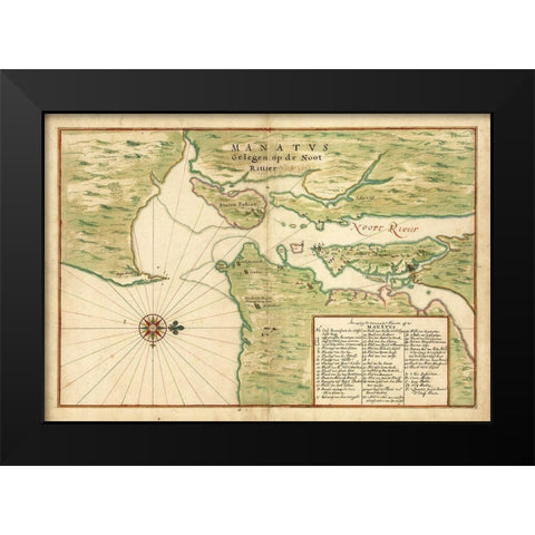 Map of New York City Region - Manatvs gelegen op de Noot Riuier, 1639 Black Modern Wood Framed Art Print by Vinckeboons, Joan