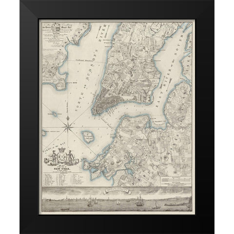 Plan of the City of New York, copied from the Ratzer Map - Decorative Blue Shading Black Modern Wood Framed Art Print by New York Common Council
