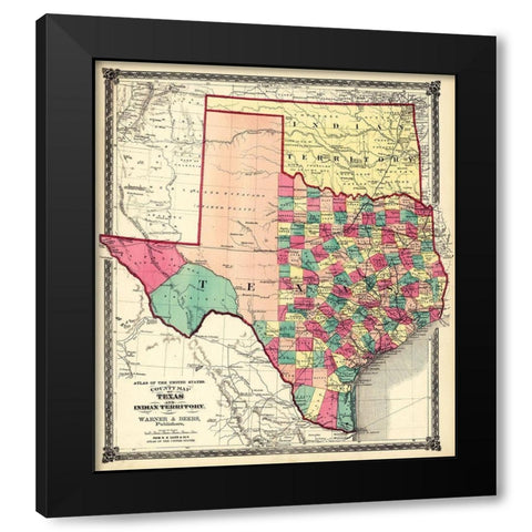 County Map of Texas, and Indian Territory, 1874 Black Modern Wood Framed Art Print with Double Matting by H.H. Lloyd & Co.