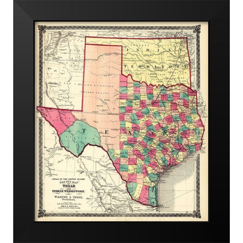 County Map of Texas, and Indian Territory, 1874 Black Modern Wood Framed Art Print by H.H. Lloyd & Co.