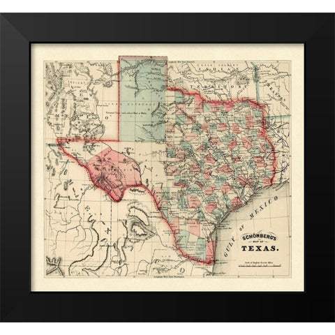 Schonbergs map of Texas, 1866 Black Modern Wood Framed Art Print by Schonberg & Co.