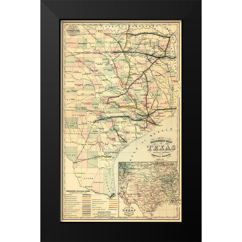 Grays railroad map of Texas. Black Modern Wood Framed Art Print by O.W. Gray & Son.
