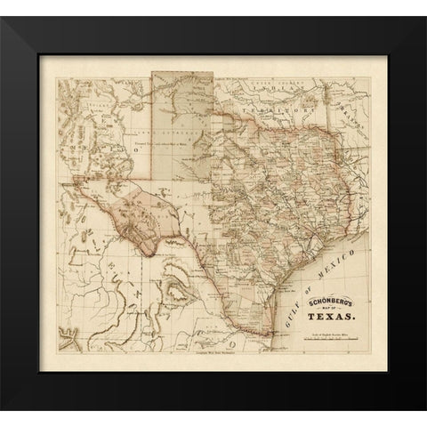 Schonbergs map of Texas, 1866 Black Modern Wood Framed Art Print by Schonberg & Co.