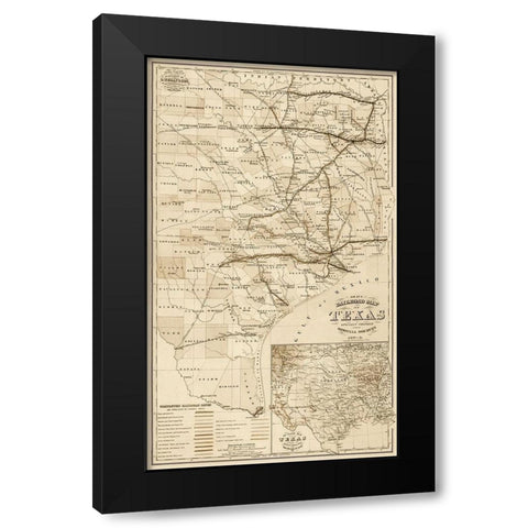 Grays railroad map of Texas - Decorative Sepia Black Modern Wood Framed Art Print with Double Matting by O.W. Gray & Son.