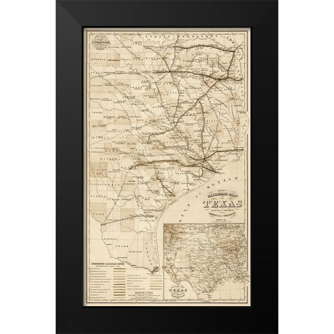 Grays railroad map of Texas - Decorative Sepia Black Modern Wood Framed Art Print by O.W. Gray & Son.