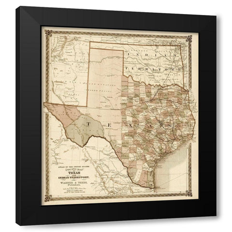 County Map of Texas, and Indian Territory, 1874 - Decorative Sepia Black Modern Wood Framed Art Print by H.H. Lloyd & Co.