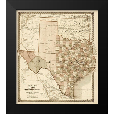 County Map of Texas, and Indian Territory, 1874 - Decorative Sepia Black Modern Wood Framed Art Print by H.H. Lloyd & Co.