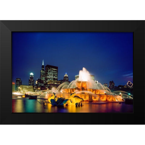 Dusk view of Buckingham Fountain in Chicago Illinois Black Modern Wood Framed Art Print by Highsmith, Carol