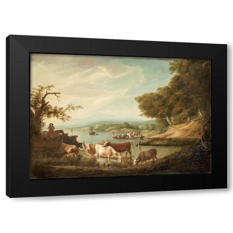 A Calm Watering Place Extensive and Boundless Scene with Cattle Black Modern Wood Framed Art Print with Double Matting by Fisher, Alvan