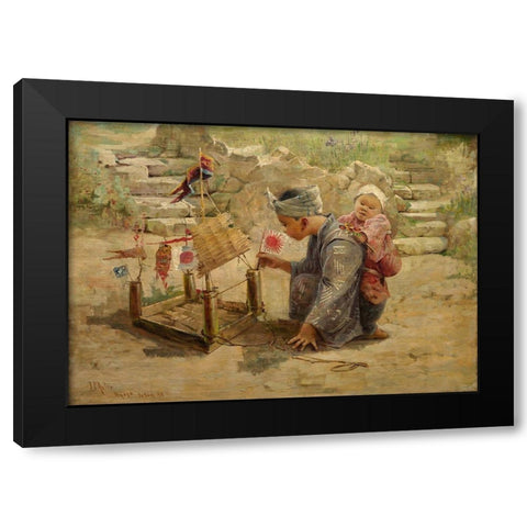 Japanese Boy Building a Man of War Black Modern Wood Framed Art Print with Double Matting by Arter, J C