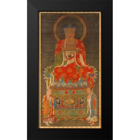 Shakyamuni Triad Buddha Attended by Manjushri and Samantabhadra Black Modern Wood Framed Art Print by dynasty, China Ming