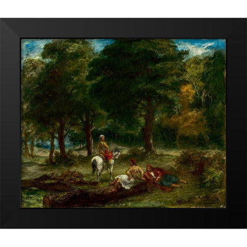 Greek Cavalry Men Resting in Forest Black Modern Wood Framed Art Print by Delacroix, Eugene