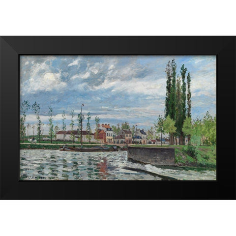 The Lock at Pontoise Black Modern Wood Framed Art Print by Pissarro, Camille