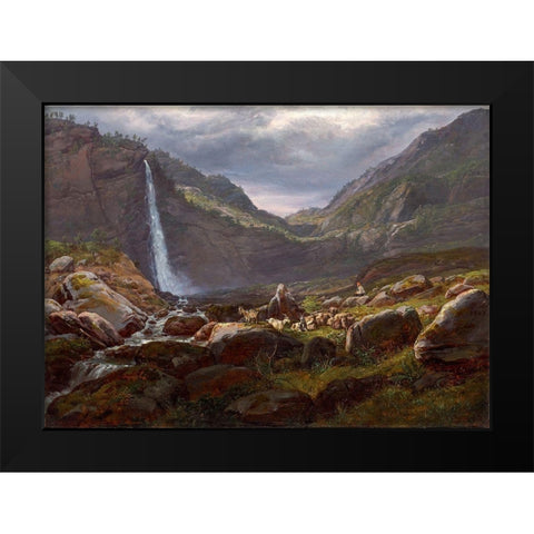 Feige Waterfall, Feigefossen, Lysterfjord, Norway Black Modern Wood Framed Art Print by Dahl, Johan Christian Clausen